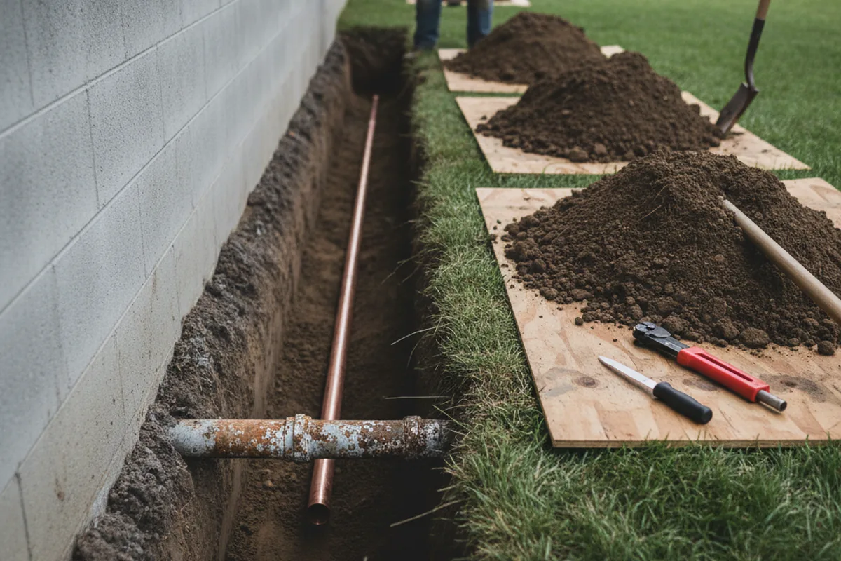 Excavated water line trench during Water Heater Repair in Golden